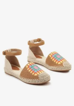 Brązowe Espadryle na Płaskiej Podeszwie Zapinane na Sprzączkę z Plecioną Podeszwą Laveda