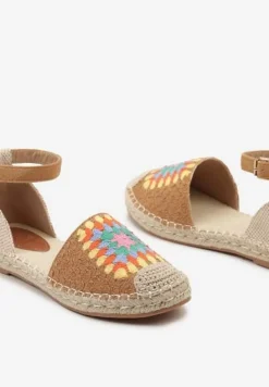 Brązowe Espadryle na Płaskiej Podeszwie Zapinane na Sprzączkę z Plecioną Podeszwą Laveda