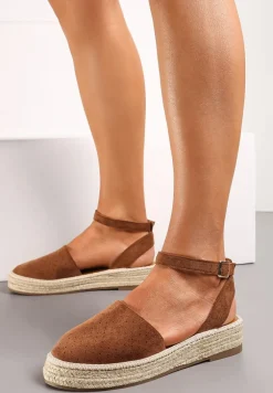 Brązowe Espadryle na Podeszwie z Plecionką Zapinane Przy Kostce Griolla