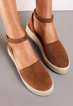 Brązowe Espadryle na Podeszwie z Plecionką Zapinane Przy Kostce Griolla