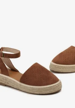 Brązowe Espadryle na Podeszwie z Plecionką Zapinane Przy Kostce Griolla