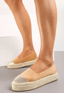 Brązowe Espadryle z Brokatowym Noskiem i Plecioną Podeszwą Plaora