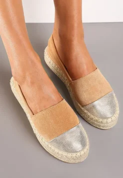 Brązowe Espadryle z Brokatowym Noskiem i Plecioną Podeszwą Plaora