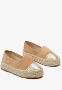 Brązowe Espadryle z Brokatowym Noskiem i Plecioną Podeszwą Plaora