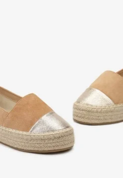 Brązowe Espadryle z Brokatowym Noskiem i Plecioną Podeszwą Plaora