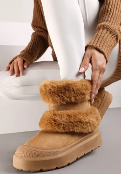 Brązowe Futerkowe Botki Śniegowce na Płaskiej Podeszwie Ivaliona