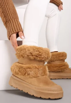 Brązowe Futerkowe Botki Śniegowce na Płaskiej Podeszwie Ivaliona
