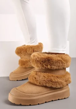 Brązowe Futerkowe Botki Śniegowce na Płaskiej Podeszwie Ivaliona