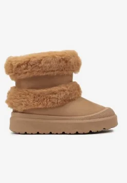 Brązowe Futerkowe Botki Śniegowce na Płaskiej Podeszwie Ivaliona