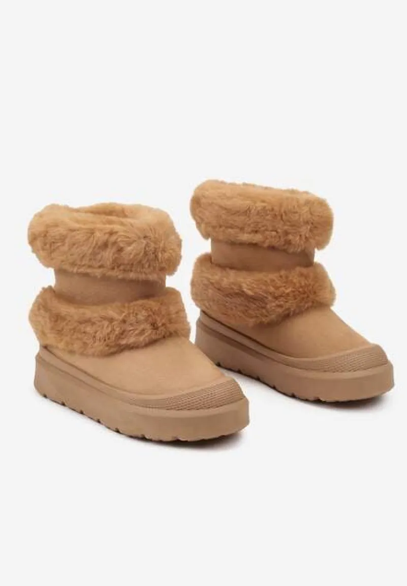 Brązowe Futerkowe Botki Śniegowce na Płaskiej Podeszwie Ivaliona