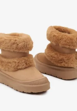 Brązowe Futerkowe Botki Śniegowce na Płaskiej Podeszwie Ivaliona