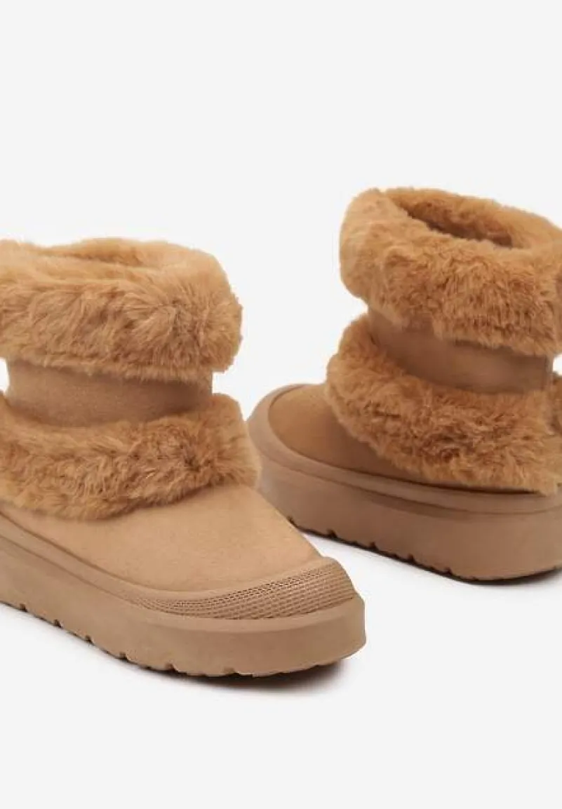 Brązowe Futerkowe Botki Śniegowce na Płaskiej Podeszwie Ivaliona