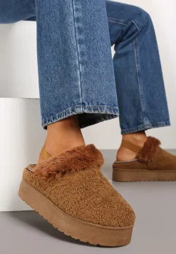 Brązowe Futerkowe Śniegowce na Grubej Podeszwie z Gumką na Pięcie Sosena