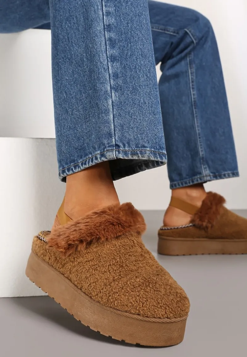 Brązowe Futerkowe Śniegowce na Grubej Podeszwie z Gumką na Pięcie Sosena