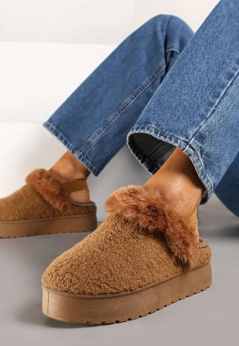 Brązowe Futerkowe Śniegowce na Grubej Podeszwie z Gumką na Pięcie Sosena