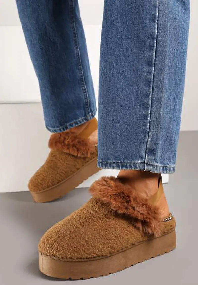 Brązowe Futerkowe Śniegowce na Grubej Podeszwie z Gumką na Pięcie Sosena