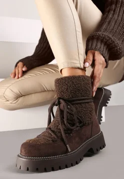 Brązowe Futerkowe Śniegowce na Tłoczonej Podeszwie Ozdobionej Cyrkoniami Rialuna
