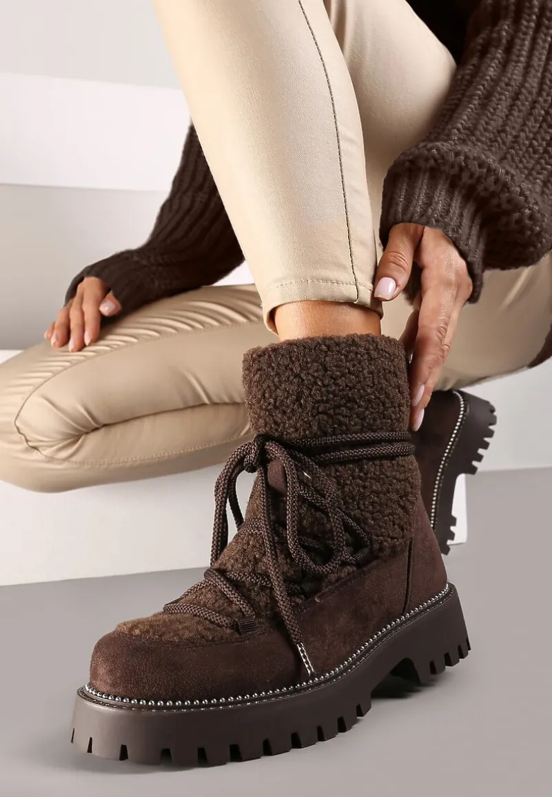 Brązowe Futerkowe Śniegowce na Tłoczonej Podeszwie Ozdobionej Cyrkoniami Rialuna