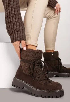 Brązowe Futerkowe Śniegowce na Tłoczonej Podeszwie Ozdobionej Cyrkoniami Rialuna