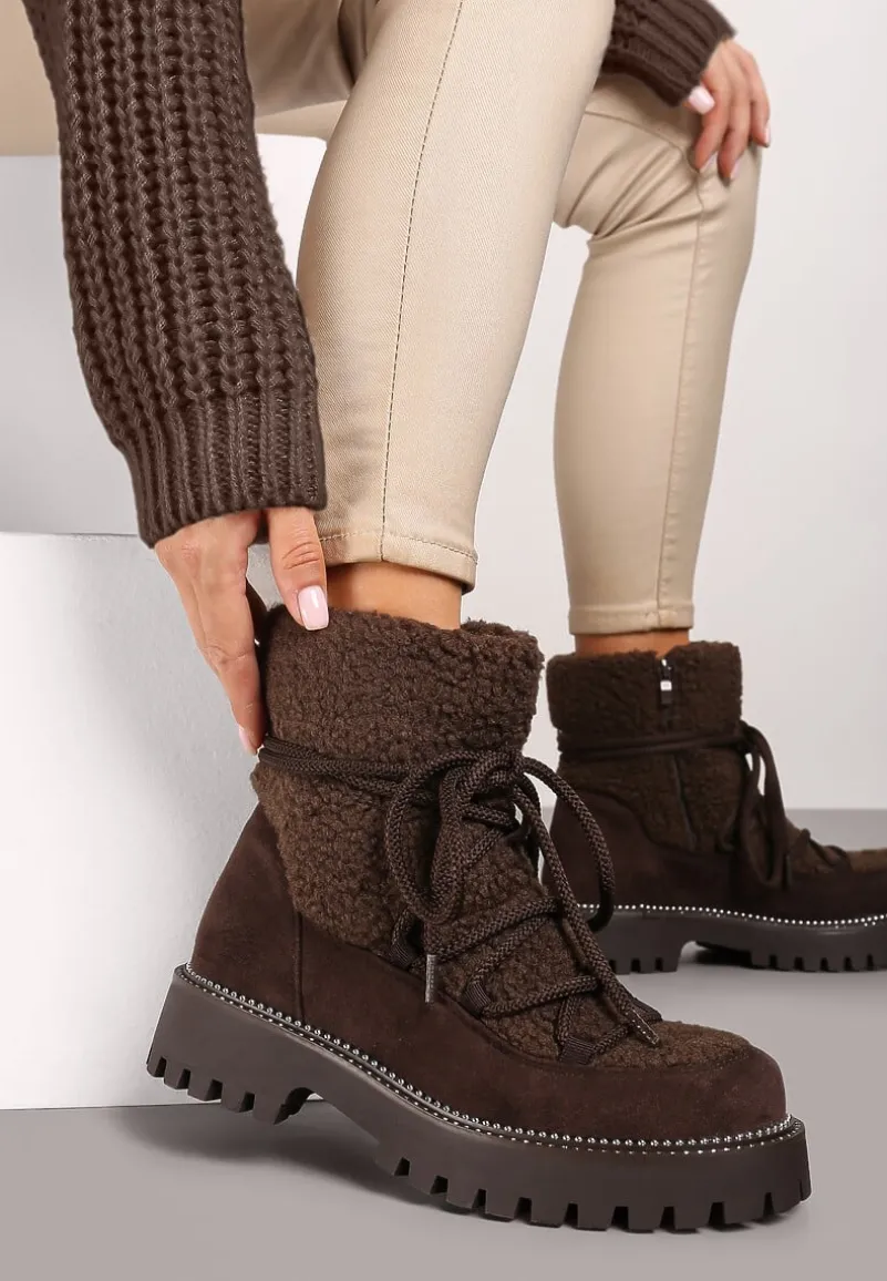 Brązowe Futerkowe Śniegowce na Tłoczonej Podeszwie Ozdobionej Cyrkoniami Rialuna