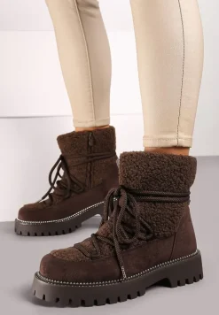 Brązowe Futerkowe Śniegowce na Tłoczonej Podeszwie Ozdobionej Cyrkoniami Rialuna