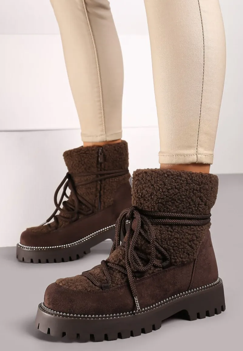 Brązowe Futerkowe Śniegowce na Tłoczonej Podeszwie Ozdobionej Cyrkoniami Rialuna