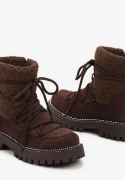 Brązowe Futerkowe Śniegowce na Tłoczonej Podeszwie Ozdobionej Cyrkoniami Rialuna