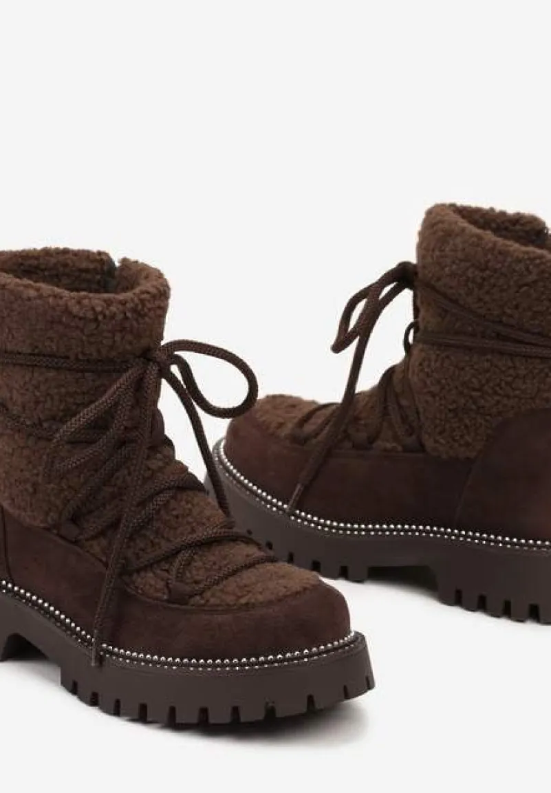 Brązowe Futerkowe Śniegowce na Tłoczonej Podeszwie Ozdobionej Cyrkoniami Rialuna