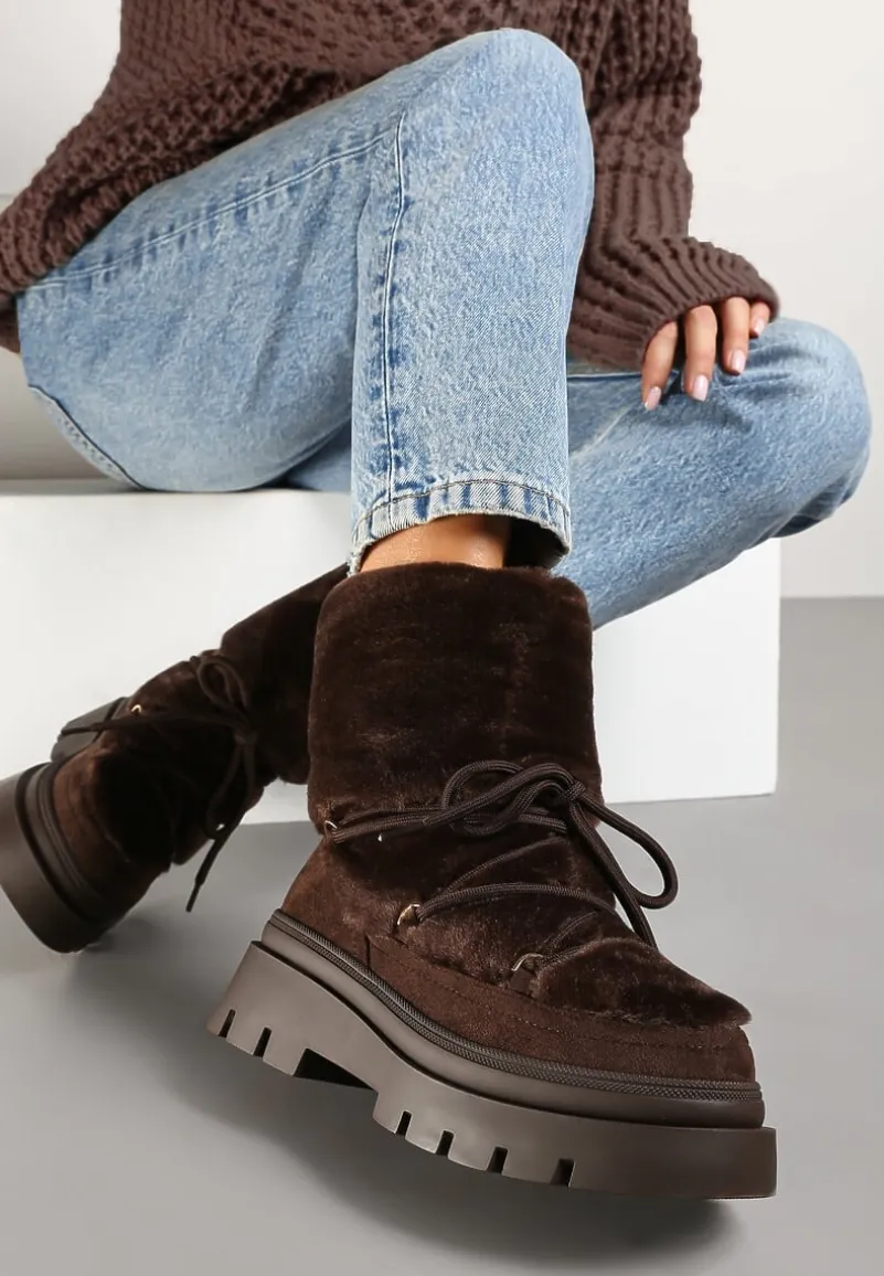Brązowe Futerkowe Śniegowce Sznurowane z Wywiniętą Cholewką i Tłoczoną Podeszwą Sagizelle