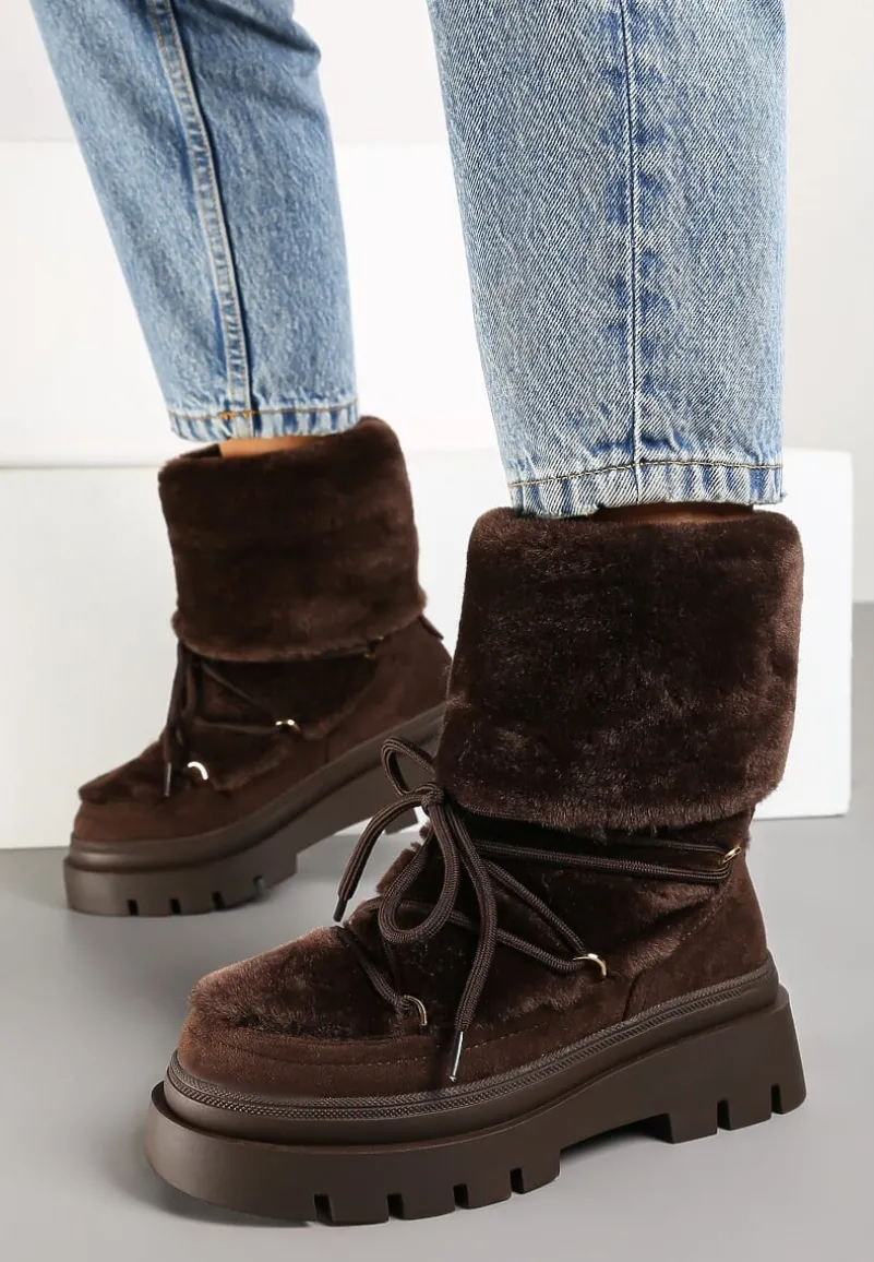 Brązowe Futerkowe Śniegowce Sznurowane z Wywiniętą Cholewką i Tłoczoną Podeszwą Sagizelle