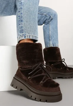 Brązowe Futerkowe Śniegowce Sznurowane z Wywiniętą Cholewką i Tłoczoną Podeszwą Sagizelle