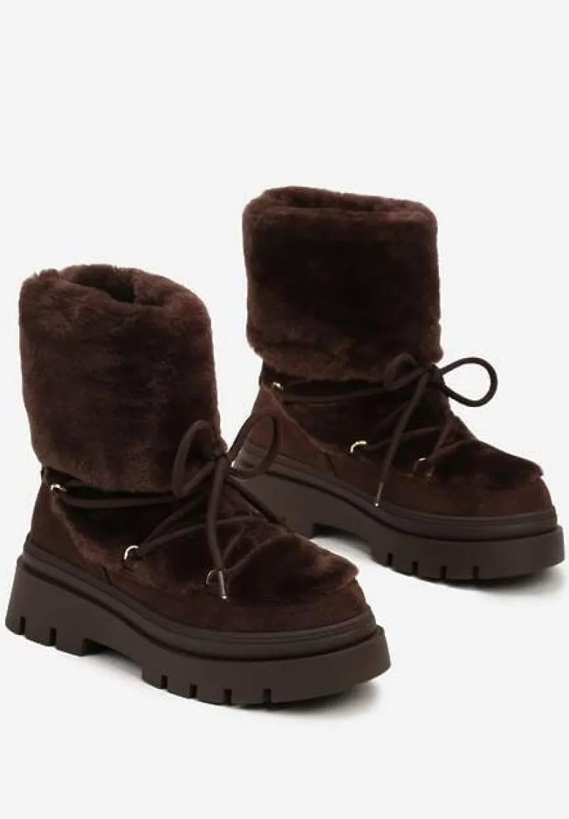 Brązowe Futerkowe Śniegowce Sznurowane z Wywiniętą Cholewką i Tłoczoną Podeszwą Sagizelle
