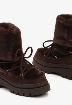 Brązowe Futerkowe Śniegowce Sznurowane z Wywiniętą Cholewką i Tłoczoną Podeszwą Sagizelle