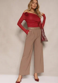 Brązowe Garniturowe Spodnie High Waist z Gumką i Dodatkowym Paskiem w Talii Mattine