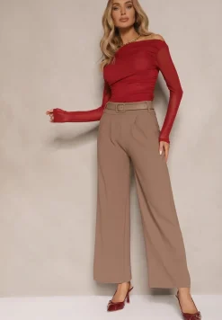 Brązowe Garniturowe Spodnie High Waist z Gumką i Dodatkowym Paskiem w Talii Mattine