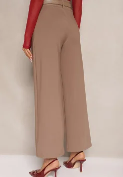 Brązowe Garniturowe Spodnie High Waist z Gumką i Dodatkowym Paskiem w Talii Mattine