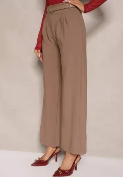 Brązowe Garniturowe Spodnie High Waist z Gumką i Dodatkowym Paskiem w Talii Mattine