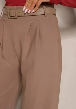 Brązowe Garniturowe Spodnie High Waist z Gumką i Dodatkowym Paskiem w Talii Mattine