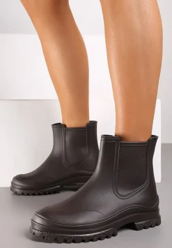 Brązowe Kalosze z Gumką na Cholewce na Niskiej Platformie Erisanya