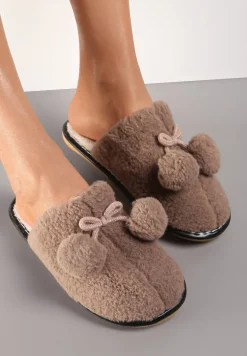 Brązowe Kapcie Futerkowe z Pomponami Denholm