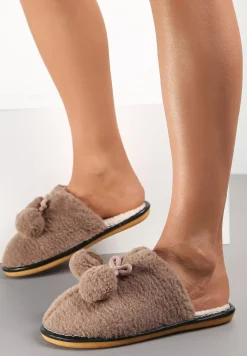 Brązowe Kapcie Futerkowe z Pomponami Denholm