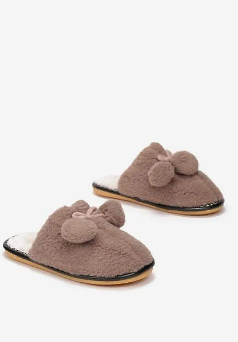 Brązowe Kapcie Futerkowe z Pomponami Denholm