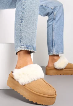 Brązowe Kapcie na Grubej Podeszwie z Ozdobnym Futerkiem Sunessa