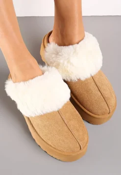 Brązowe Kapcie na Grubej Podeszwie z Ozdobnym Futerkiem Sunessa