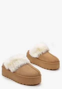 Brązowe Kapcie na Grubej Podeszwie z Ozdobnym Futerkiem Sunessa