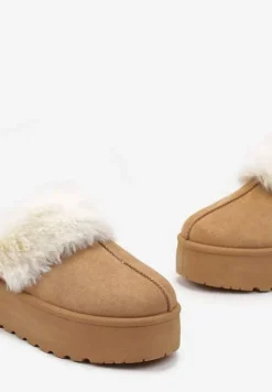 Brązowe Kapcie na Grubej Podeszwie z Ozdobnym Futerkiem Sunessa