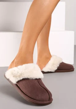 Brązowe Kapcie na Płaskiej Podeszwie z Futerkowym Obszyciem Laolara