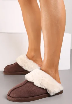 Brązowe Kapcie na Płaskiej Podeszwie z Futerkowym Obszyciem Laolara