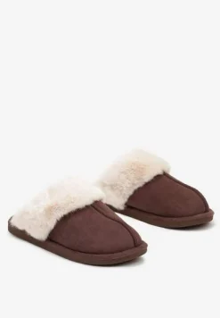 Brązowe Kapcie na Płaskiej Podeszwie z Futerkowym Obszyciem Laolara