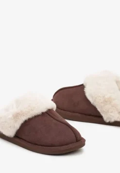 Brązowe Kapcie na Płaskiej Podeszwie z Futerkowym Obszyciem Laolara